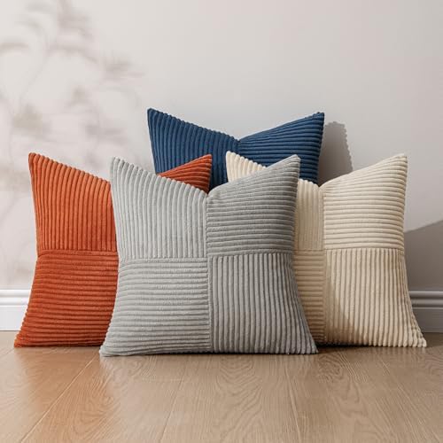 MIULEE Blue Rust Throw Pillow Covers 18x18 Inch Set of 4 Boho Farmhouse Cushion Cases Soft Corduroy Nordic Corduroy Pillow Cases Patchwork Home Decor for Couch Sofa Bedroom - Image 5