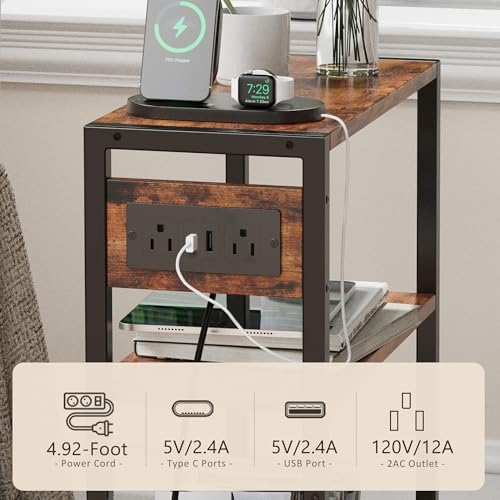 End Table with Charging Station, 3-Tier Side Table for Small Space, Skinny Nightstand with USB/Type C Port and 2 Outlets, Slim Beside Table for Living Room, Bedroom, Balcony, Rustic Brown - Image 6