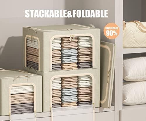 3 Openings Large Clothes Storage Bins with Metal Frame, Foldable Storage Bin for Clothes,Clothing Storage Bins with Lid, Linen Storage Box With Clear Window＆ Zippers＆ Durable Handles.(3 Pcs,Beige,66L) - Image 2