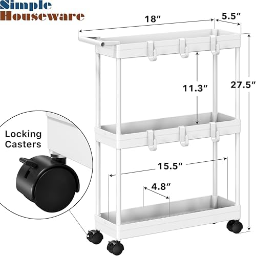 Simple Houseware 3-Tier Slim Rolling Cart w/Handle 5.5" Wx27.5 H, White - Image 3