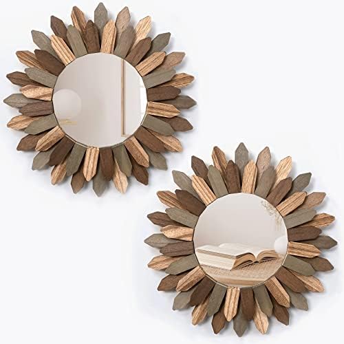 Honiway Boho Wall Decor Mirror 2 Pack 12 inch Rustic Wood Decorative Mirror for Room Decor Rustic Farmhouse Wall Decor for Bedroom Bathroom Living Room Entryway Tril Color by Honiway