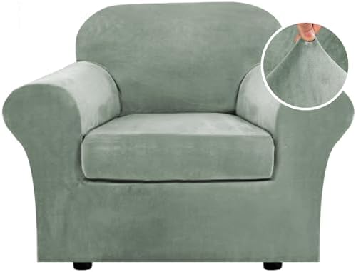 H.VERSAILTEX Rich Velvet Stretch 2 Piece Cover Chair Slipcover Sofa Cover Furniture Protector Couch Soft with Elastic Bottom Chair Couch Cover with Arms Width Up to 49 Inch(Chair, Sea Grass) by HVERSAILTEX