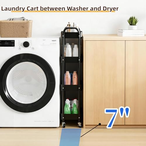4 Tier Slim Storage Cart with Wheels for Laundry Room Between Washer and Dryer, 7.1'' Narrow Rolling Cart with Wheels and Lockable Casters, Metal Thin Standing Shelf for Small Space, Black - Image 2