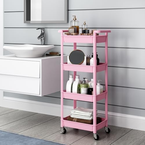 STEEHOOM Utility cart with Tabletop 4 Tier Rolling Cart Organizer with Wheels Movable Storage Cart for Office, Living Room, Kitchen, Craft Room, Pink - Image 6