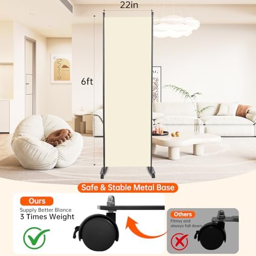 88" W 4 Panel Room Divider, Portable Privacy Screen W/Wheels Freestanding - Image 2