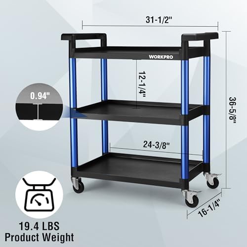 WORKPRO 3-Tier Service Utility Cart, 400LBS Plastic Rolling Cart with Handles & Lockable Wheels, Heavy Duty Storage Cart for Restaurant, Kitchen, Office, Garage, Warehouse - Image 4
