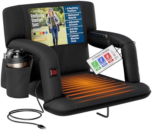 Alpcour Heated Reclining Stadium Seat for Bleachers – Wide Bleacher Chair with Back Support and Cushion, Armrests, Side Pockets, & Hook – Stadium Seats Chairs for Camping, Kayak, Paddle Board & More by Alpcour