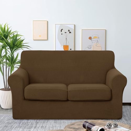 U-NICE HOME 3 Pieces Stretch Loveseat Couch Cover, Brown - Image 2