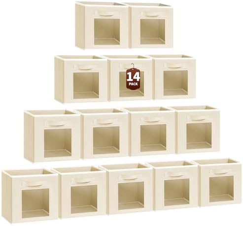 Homsorout Storage Cube 11 Inch - Cube Storage Bins with Window, Closet Storage Baskets with Handle, Fabric Bins for Closet, Shelves, Toys, Clothes, Set of 14, Beige by Homsorout