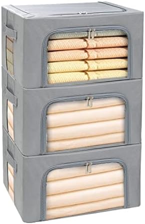 Clothes Storage Box Bins Stackable Foldable Organizer,Sturdy Handles with Metal Frame for Clothing Bedding Shelves,Closet Container with Clear Window Zipper and Label Holder (Gray, 22L x3 Pack) by STSTECH