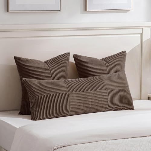 Fancy Homi 2 Packs Dark Brown Big Decorative Throw Pillow Covers 24x24 Inch for Living Room Couch Bed, Farmhouse Boho Home Decor, Soft Corss Corduroy Patchwork Accent Square Cushion Case 60x60 cm - Image 5