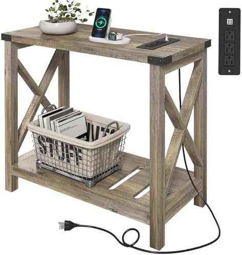 Hadulcet Farmhouse Side Table with Charging Station - Narrow Bedside Table for Small Space, Slim End Table, Rustic X-Design Nightstand for Living Room, Bedroom, Elegant Gray by Hadulcet