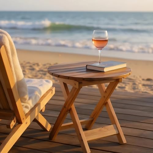 Shine Company Indoor/Outdoor Adirondack Round Folding Acacia Wooden Side Table, White - Image 2