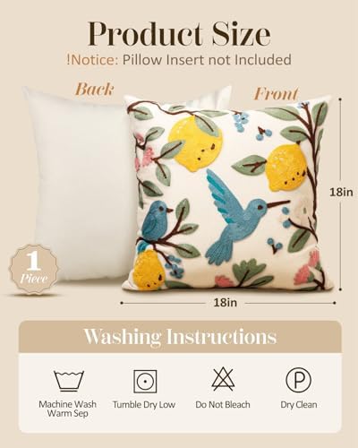 Embroidered Throw Pillow Cover 18x18 Inch, Bird Lemon - Image 4