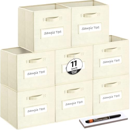 Fabric storage cubes (Set of 8) 11 Inch Cube Storage Bin, Cube storage with 8 Labels Window Cards & a Pen, Foldable cube organizer bins,11x11 Storage bin, Cubby Organizer Boxes, Beige by Artsdi