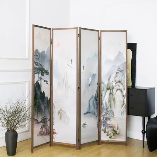 4 Panel Room Divider, 5.6 ft Tall Blackout Folding Privacy Screen - Double-Sided Freestanding Partition Wall with Different Patterns, Ink-wash Mountain Landscape for Home Office (67"H x 63"W) - Image 4