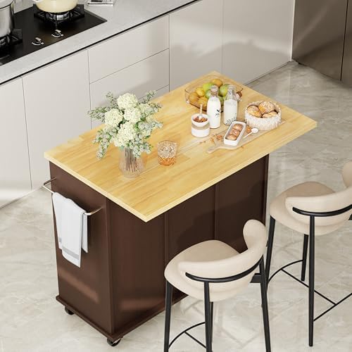 Shintenchi Kitchen Island with Storage, Bar Cart Cabinet Island Table on Wheels, Rolling Microwave Cart for Kitchen with Drop Leaf, Drawers, Towel Rack, Seating Area for Dining Room, Brown - Image 2