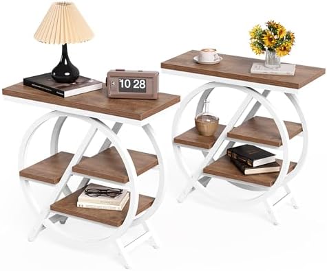 LITTLE TREE End Table, Set of 2 Narrow Side Table with 4-Tier Large Storage Space, Modern Bedside Table for Living Room, Home Office, Bedroom, Brown and White by LITTLETREE