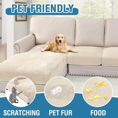 H.VERSAILTEX Velvet Stretch Sectional Couch Covers 4 Pieces Sofa Seat Cushion Covers L Shape Separate Couch Cover for Both Left/Right Sectional Couch (Large Sofa 3 Seater + 1 Chaise, Cream) - Image 4