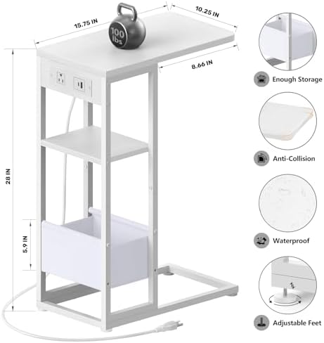 C Shaped End Table with Charging Station, Small Side Table for Couch Recliner, Slide Under Sofa Desk Snack Tables with Storage Bag & AC / USB Outlet, Small Spaces Drink Tables for Living Room, Bedroom - Image 3