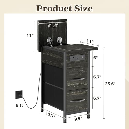 Huuger Narrow End Table with Charging Station, Side Table with 2 Drawers - Image 3