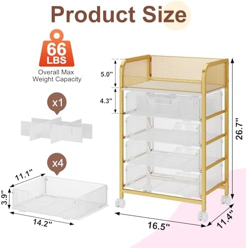 Hongtamoya Makeup Cart Organizer with 4 Drawers, Large Floor Skincare Organizers, Vanity Storage Organizer Cosmetics Display Cases for Skin Care Perfume Nail Polish, Gold - Image 6