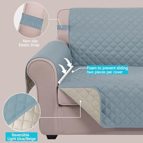 U-NICE HOME Loveseat Sofa Cover for 2 Cushion Couch, Light Blue/Beige - Image 3