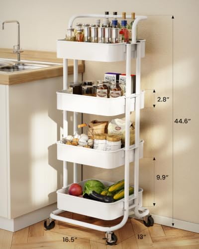 Pipishell Metal 4 Tier Rolling Cart with Handle & 2 Lockable Wheels, White - Image 2