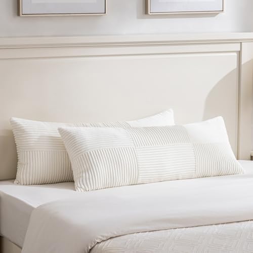 Fancy Homi Set of 2 Cream White Boho Long Lumbar Body Decorative Throw Pillow Cover 14x36 Inch for Bed Couch Bedroom Bench, Soft Patchwork Corduroy Textured Pillow Case, Rustic Farmhouse Room Décor by Fancy+Homi