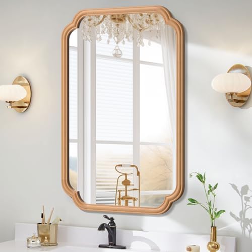 Ferytange Wood Bathroom Mirror for Wall Mounted, 24" x 36" Rustic Bathroom Mirror for Over Sink with Wood Frame Farmhouse Rounded Corner Rectangle Mirror Decorative(Natural Color) by FerytangeHome