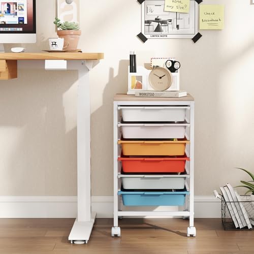 Giantex Rolling Storage Cart with 6 Drawers, Utility Cart w/Wooden Tabletop, Lockable Wheels, Multipurpose Organizer for Art Craft Scrapbooks Paper, Drawer Carts for Dorm Classroom Office, Macaron - Image 2