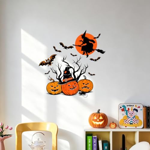 Halloween Pumpkin Witch Wall Decals Peel and Stick, Witch Jack O Lantern Wall Stickers, Removable Vinyl Spooky Wall Decor, Halloween Wall Art for Bedroom Living Room Window Decorations by ANNAQUEEN