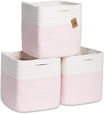 NaturalCozy Storage Cubes 11 Inch Cotton Rope Woven Baskets for Organizing, 3-Pack | Cube Storage Bin | Square Storage Baskets for Shelves Organizer, Classroom, Kids Toy Bins, Closet, Baby Nursery by NaturalCozy