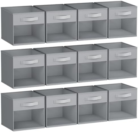 DIMJ Storage Cubes, 12 Pack Cube Storage Bin, Foldable Cube Organizer Storage Bins with Window, Closet Storage Bins with Handle, 11 x 11 inch for Clothes, Toys, Books (Grey) by DiMJ