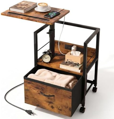 Faesun Swivel Lift Top Nightstand with Charging Station, Rolling Side Table for Recliner, Bedside Table with Wheels & a Fabric Drawer, for Small Spaces, for Bedroom, Living Room, Brown by Faesun