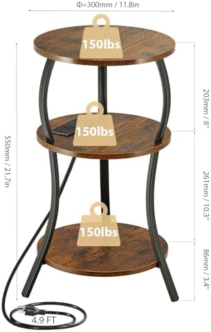 YEAKOO Small Side Table with Charging Station,3-Tier Round end Table - Image 3