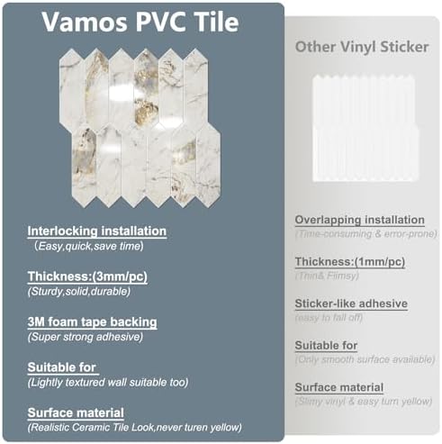 Vamos Tile Glossy Pandora Marble with Gold Veining Backsplash Tile Peel and Stick, 12.8 x 12.8 Inch 1 Sheet Long Hexagon PVC Self Adhesive Mosaic Tiles Stick on Backsplash for Kitchen and Bathroom - Image 5