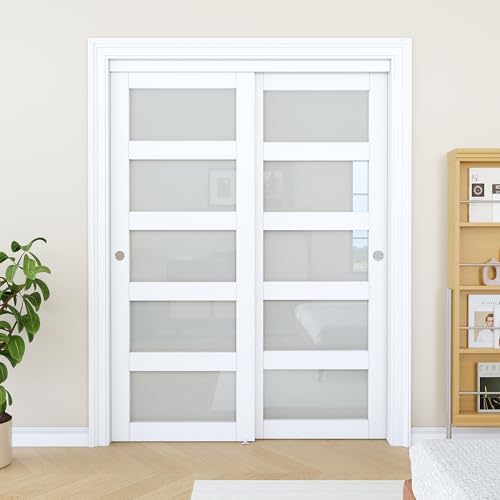 Sliding Closet Door 60"x80", 5 Lite Frosted Glass Door, Need to Assemble - Image 2
