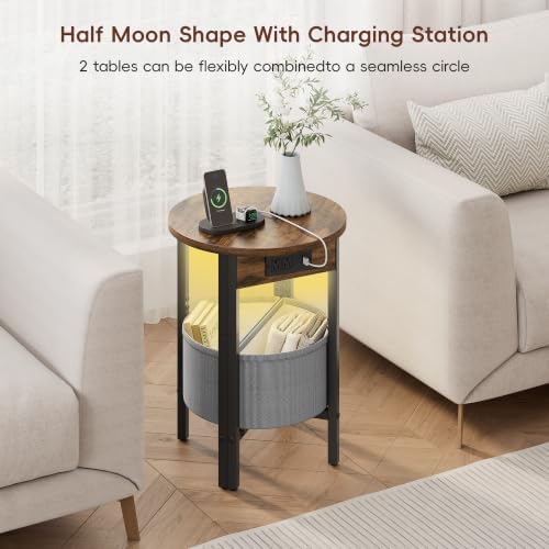 Vagusicc Round Side Table with Charging Station, Round End Table with Fabric Basket, Accent Table Coffee Table, Set of 2 Half Moon Tables, Bedside Table, Modern LED Nightstand for Living Room, Brown - Image 6