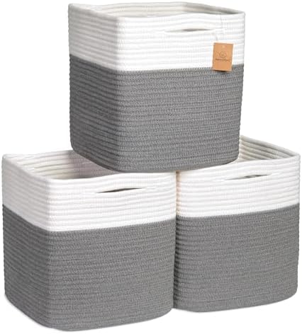 NaturalCozy Storage Cubes 11 Inch Cotton Rope Woven Baskets for Organizing, 3-Pack | Cube Storage Bin | Square Storage Baskets for Shelves Organizer, Classroom, Kids Toy Bins, Closet, Baby Nursery by NaturalCozy