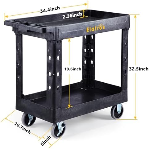ELAFROS 2-Tier Heavy Duty Rolling Cart, 34 x 17 in, 2 Fixed 2 Swivel, Black - Image 2