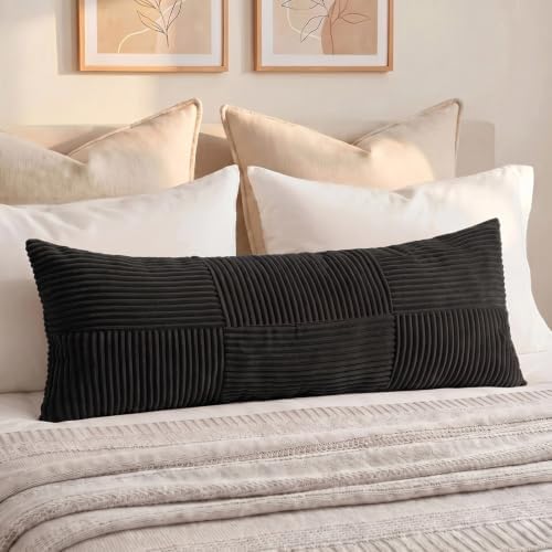 Fancy Homi Set of 2 Black Boho Long Lumbar Body Decorative Throw Pillow Cover 14x36 Inch for Bed Couch Bedroom Bench, Soft Patchwork Corduroy Textured Pillow Case, Rustic Farmhouse Room Décor - Image 7