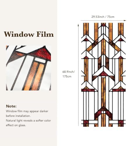 Faux Stained Glass Window Film, Decorative Window Privacy Film for Front Door Sliding Door Glass Film Decor Inspired by Frank Lloyd Wright, 29.53" x68.9" Hollyhock House, Boho - Image 4