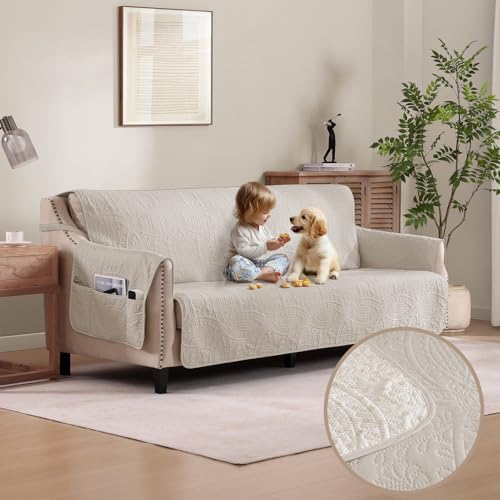 Quilted Grand Sofa Covers for 4 Cushion Couch, Couch Cover for Grand Sofa Washable, Soft Cozy Couch Protector, Oversized Grand Sofa Slipcovers Water-Repellent (Grand Sofa 98", Beige Cream) by Pamhaven