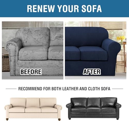 H.VERSAILTEX 4 Piece Stretch Sofa Covers for 3 Cushion Couch Covers for Living Room Furniture Slipcovers (Base Cover Plus 3 Seat Cushion Covers) Thicker Jacquard Fabric (Large Sofa, Navy) - Image 7