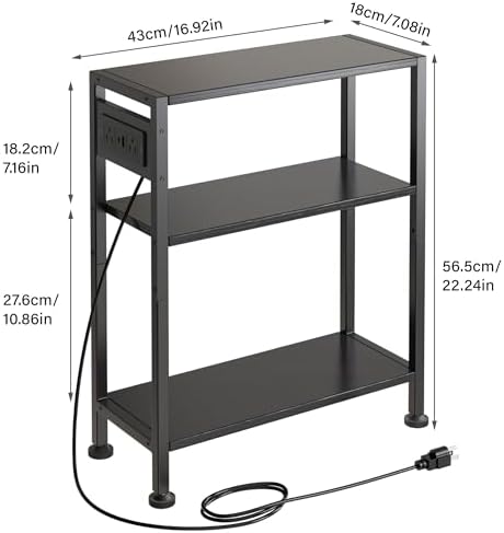 End Table with Charging Station, 3-Tier Side Table for Small Space, Skinny Nightstand with USB/Type C Port and 2 Outlets, Slim Sofa Beside Table for Living Room, Bedroom and Balcony, Black - Image 3