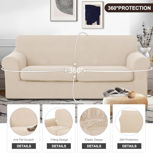 U-NICE HOME 3 Pieces Stretch Couch Cover Sofa Slipcover, Beige - Image 4
