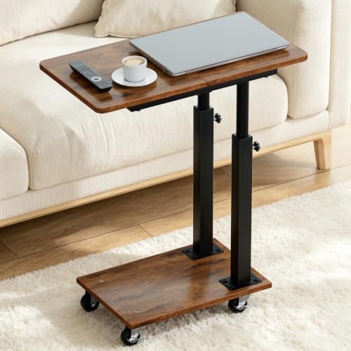 AOODA 22''W TV Tray Table with Wheels Adjustable Height, C Shaped End Tables Living Room, Rolling Couch Side Table with Storage for Sofa, Bed, Recliner (Rustic Brown) by AOODA