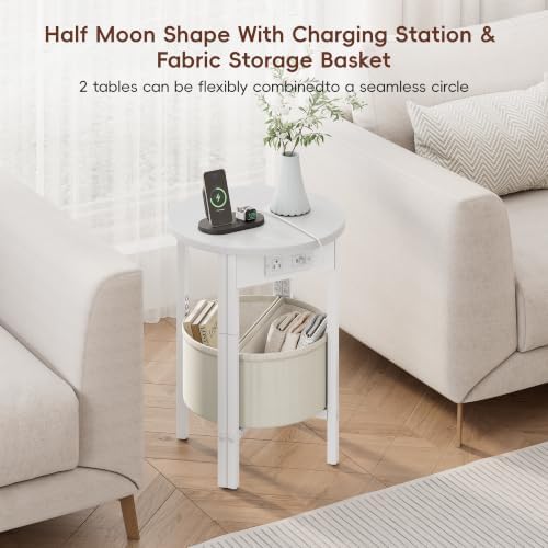 VAGUSICC Round Side Table with Charging Station, Small Round Accent End Table with Fabric Basket, Set of 2 Half Moon Tables Coffee Table, Bedside Table, Modern Nightstand for Living Room Bedroom,White - Image 5