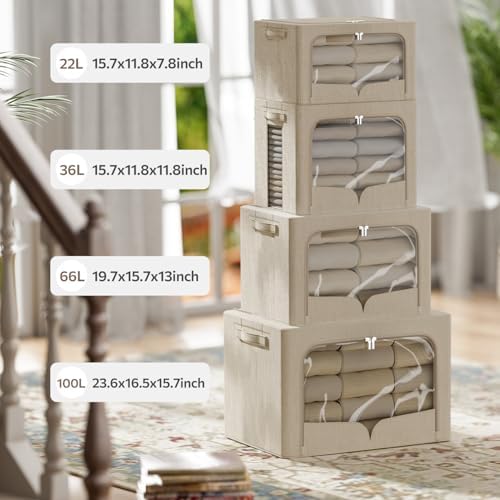 FHSQX 3 Pack Clothes Storage Bins Foldable Metal Frame Storage Box Stackable Linen Fabric Organizer Set with Carrying Handles and Clear Window (Beige, 15.7x11.8x11.8inch(36L)) - Image 4